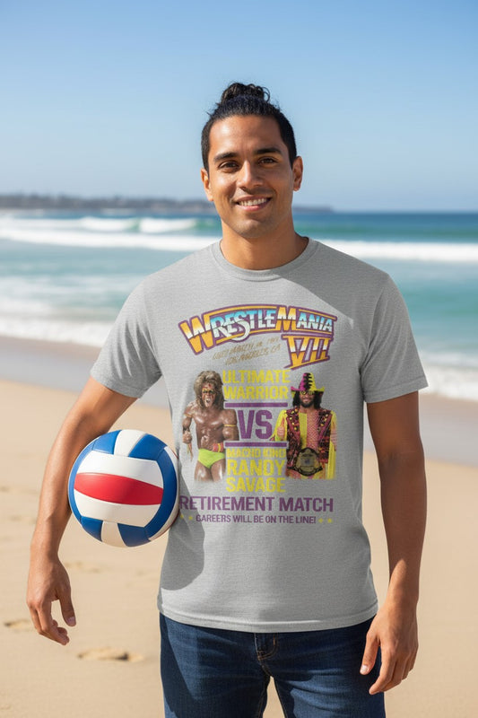 Wrestlemania 7 Ultimate Warrior vs Macho Man Randy Savage WWE Mens T-shirt