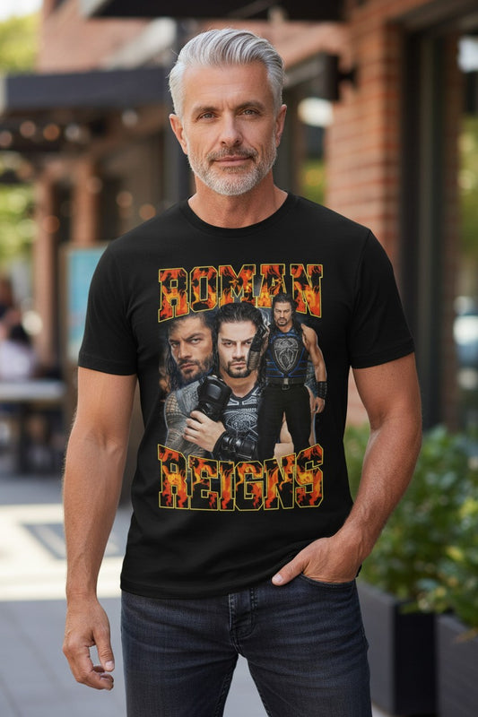 Roman Reigns Three Pose Fire Mens Black T-shirt