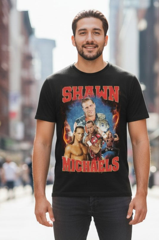 Shawn Michaels Red Name Four Pose Mens Black T-shirt