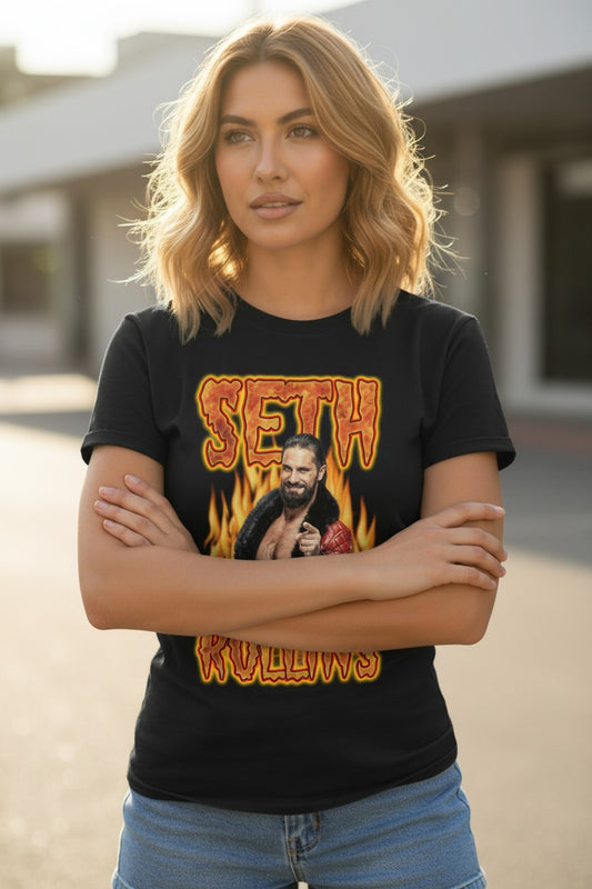 Seth Rollins Standing in Flames Mens Black T-shirt