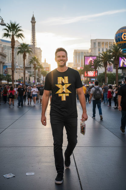 NXT Gold Vertical Logo WWE Mens Black T-shirt