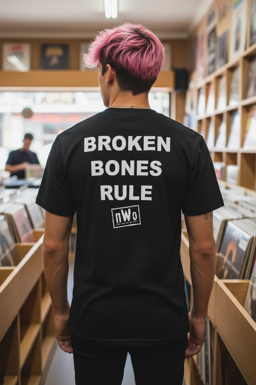 nWo Broken Bones Rule New World Order White Logo Mens T-shirt