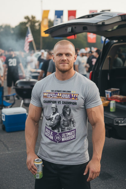 Wrestlemania 6 Hulk Hogan Ultimate Warrior Mens Gray T-shirt