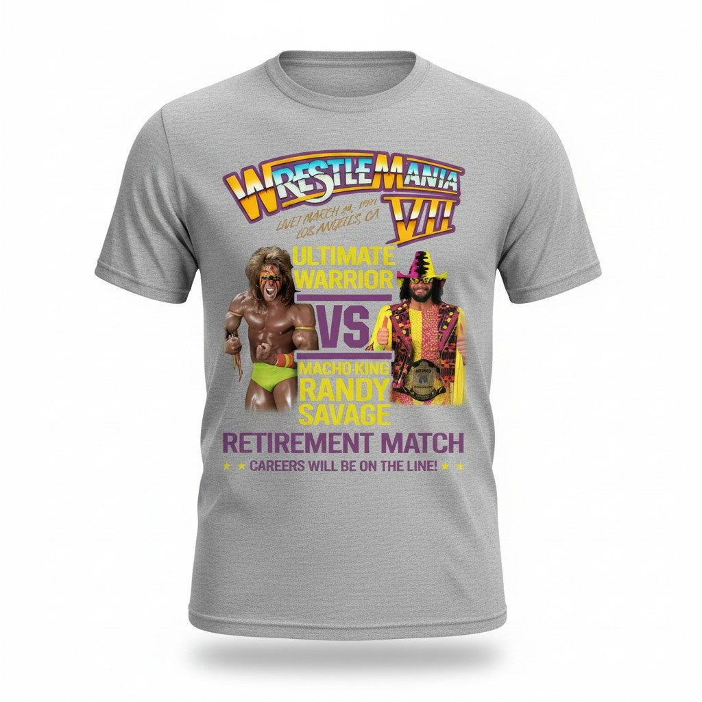 Wrestlemania 7 Ultimate Warrior vs Macho Man Randy Savage WWE Mens T-shirt