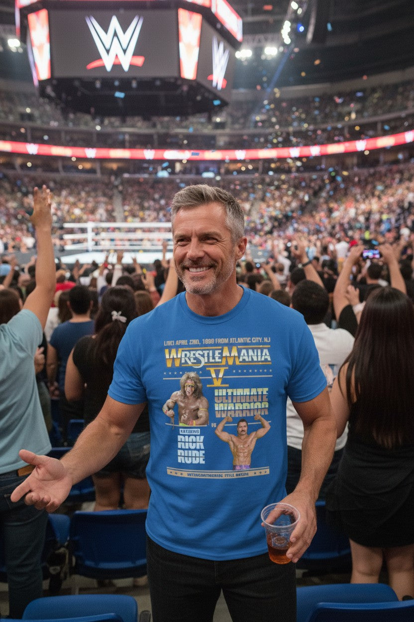 Wrestlemania 5 Ultimate Warrior vs Ravishing Rick Rude WWE Mens Blue T-shirt