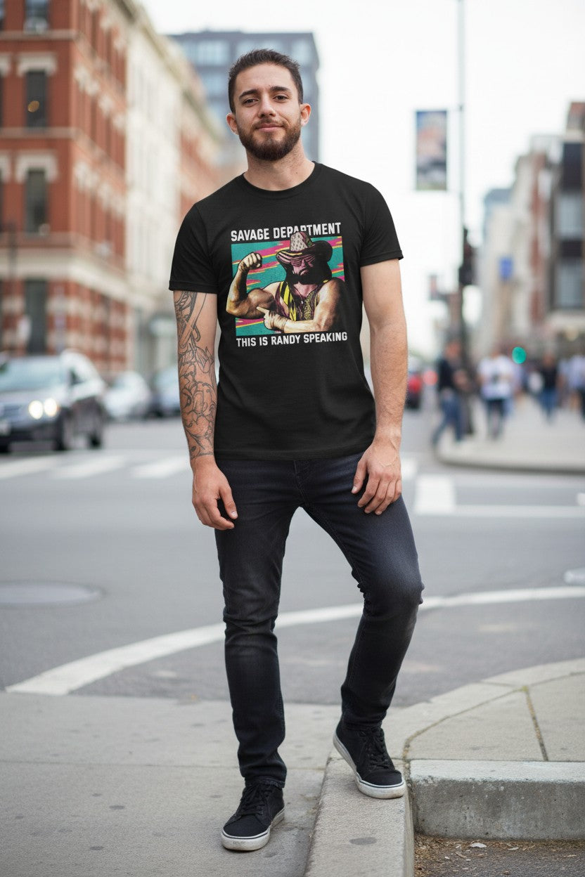 Macho Man Randy Savage Department Speaking Mens Black T-shirt