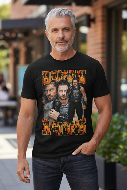 Roman Reigns Three Pose Fire Mens Black T-shirt