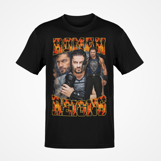 Roman Reigns Three Pose Fire Mens Black T-shirt
