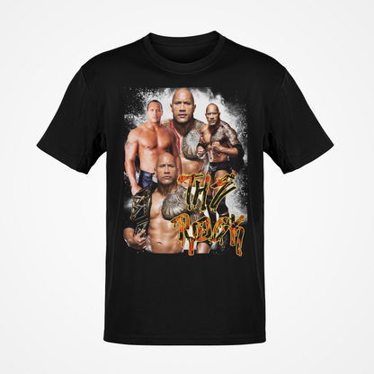 Dwayne The Rock Johnson Four Poses Black WWE T-shirt