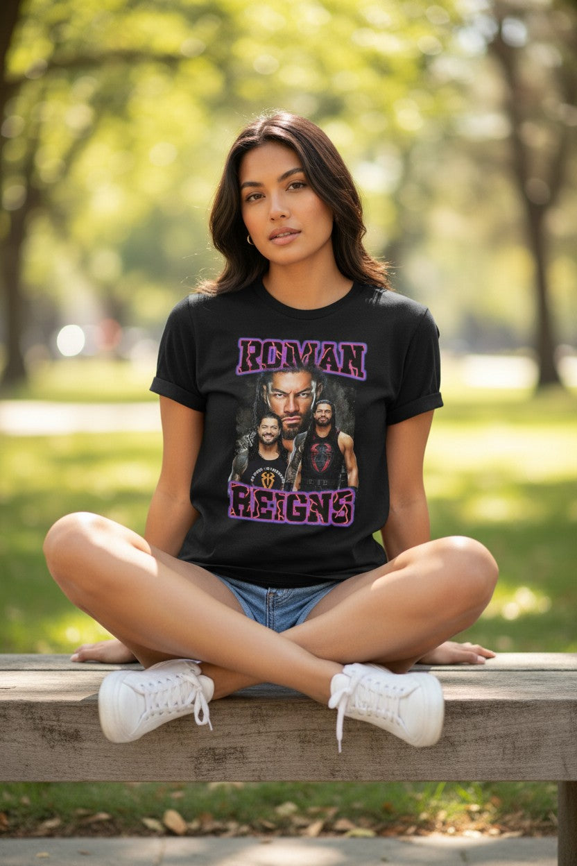 Roman Reigns Purple Name Three Pose Mens Black T-shirt