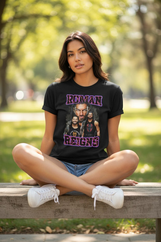 Roman Reigns Purple Name Three Pose Mens Black T-shirt