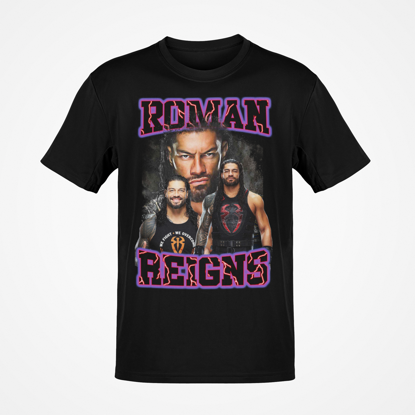 Roman Reigns Purple Name Three Pose Mens Black T-shirt