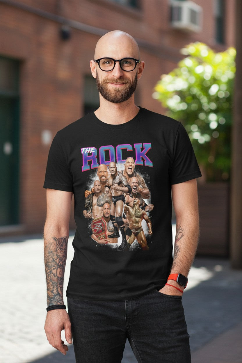 Dwayne The Rock Johnson Seven Pose Flex Black WWE T-shirt