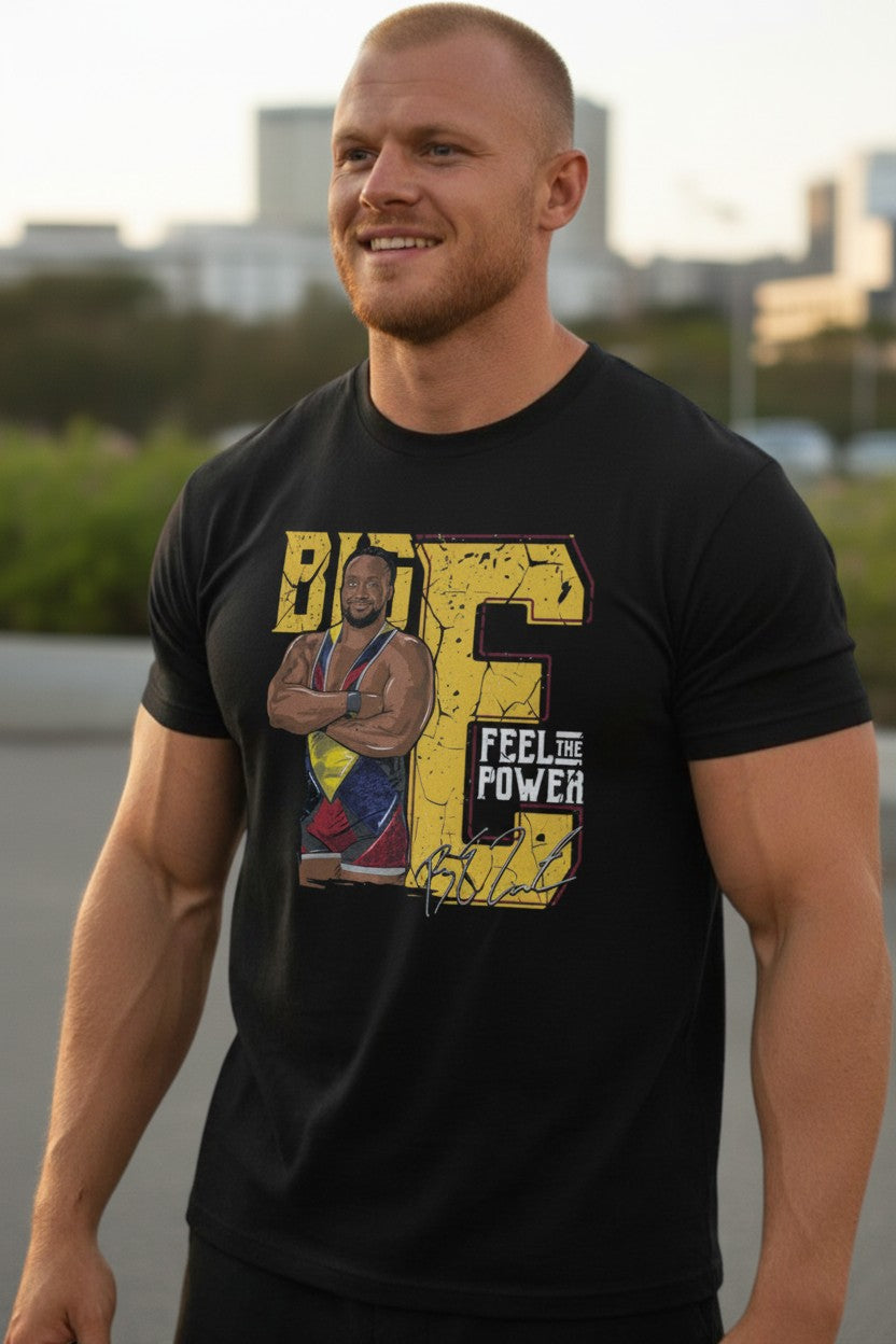Big E Pose Animated Feel the Power Black T-shirt