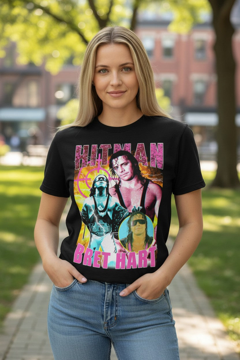 Hitman Bret Hart Three Pose Black T-shirt