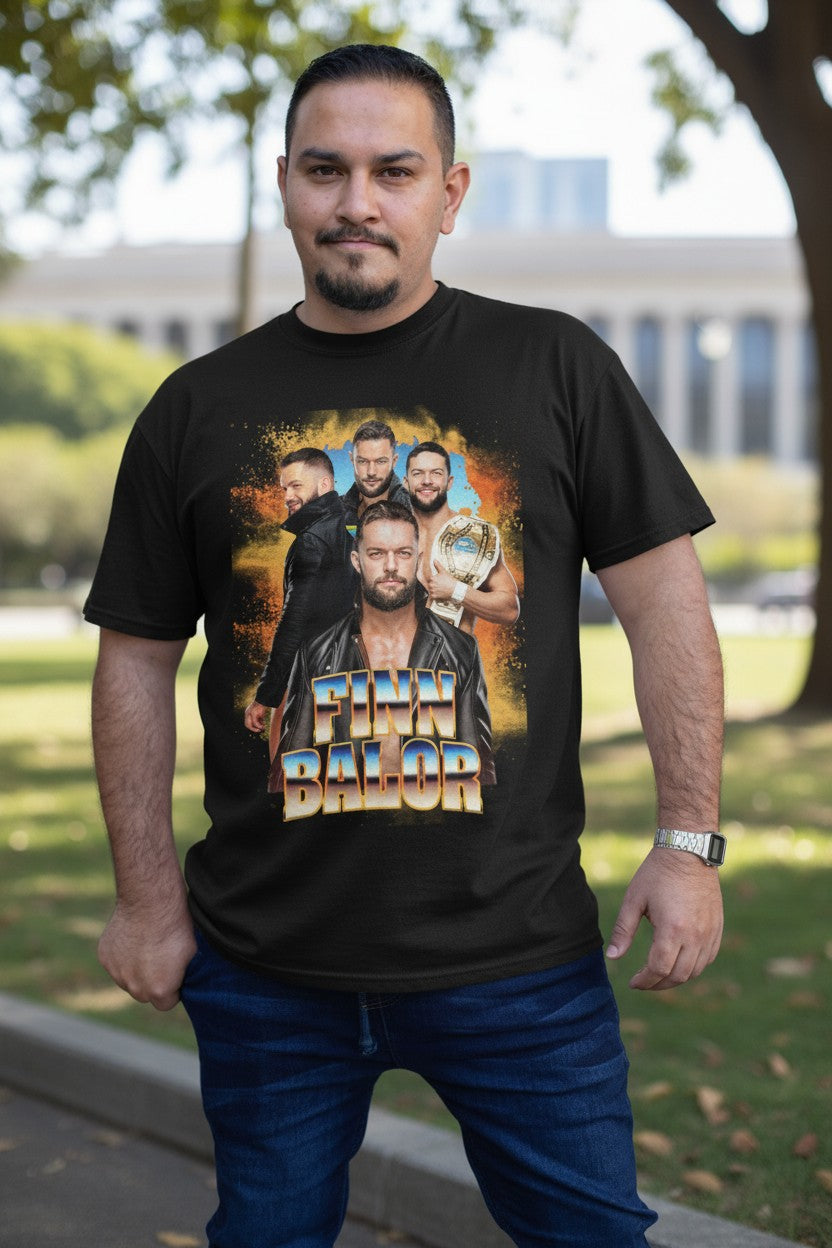 Finn Balor Championship Belt Four Pose Mens Black T-shirt