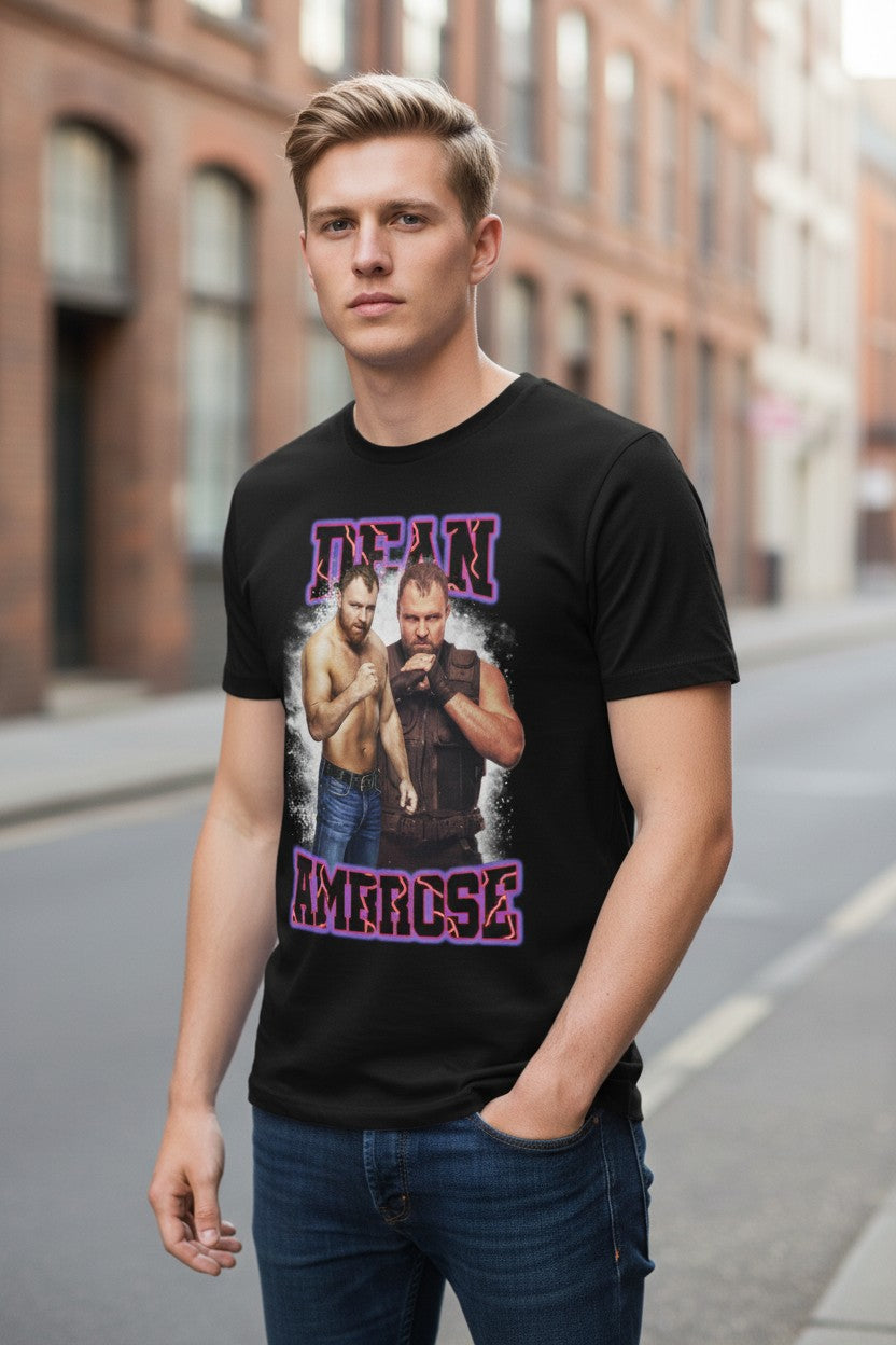 Dean Ambrose Purple Name Double Pose Mens Black T-shirt