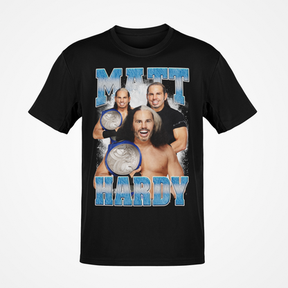Matt Blue Logo Three Pose Black T-shirt