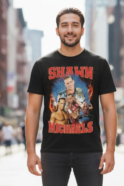 Shawn Michaels Red Name Four Pose Mens Black T-shirt