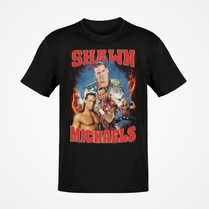 Shawn Michaels Red Name Four Pose Mens Black T-shirt