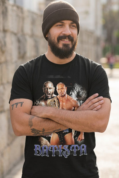 Batista Three Pose Mens Black T-shirt WWE