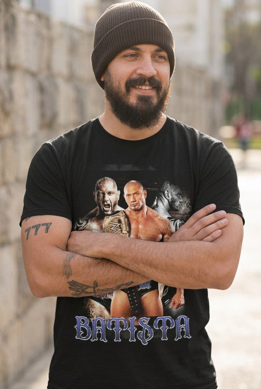 Batista Three Pose Mens Black T-shirt WWE