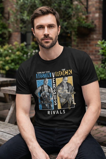 WWE Rivals Stone Cold Steve Austin vs The Rock Mens Black T-shirt