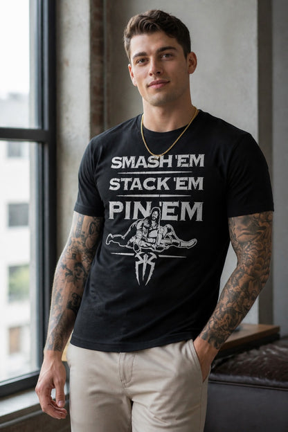 Roman Reigns Smash Stack Pin Mens Black T-shirt