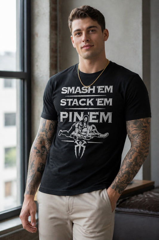 Roman Reigns Smash Stack Pin Mens Black T-shirt