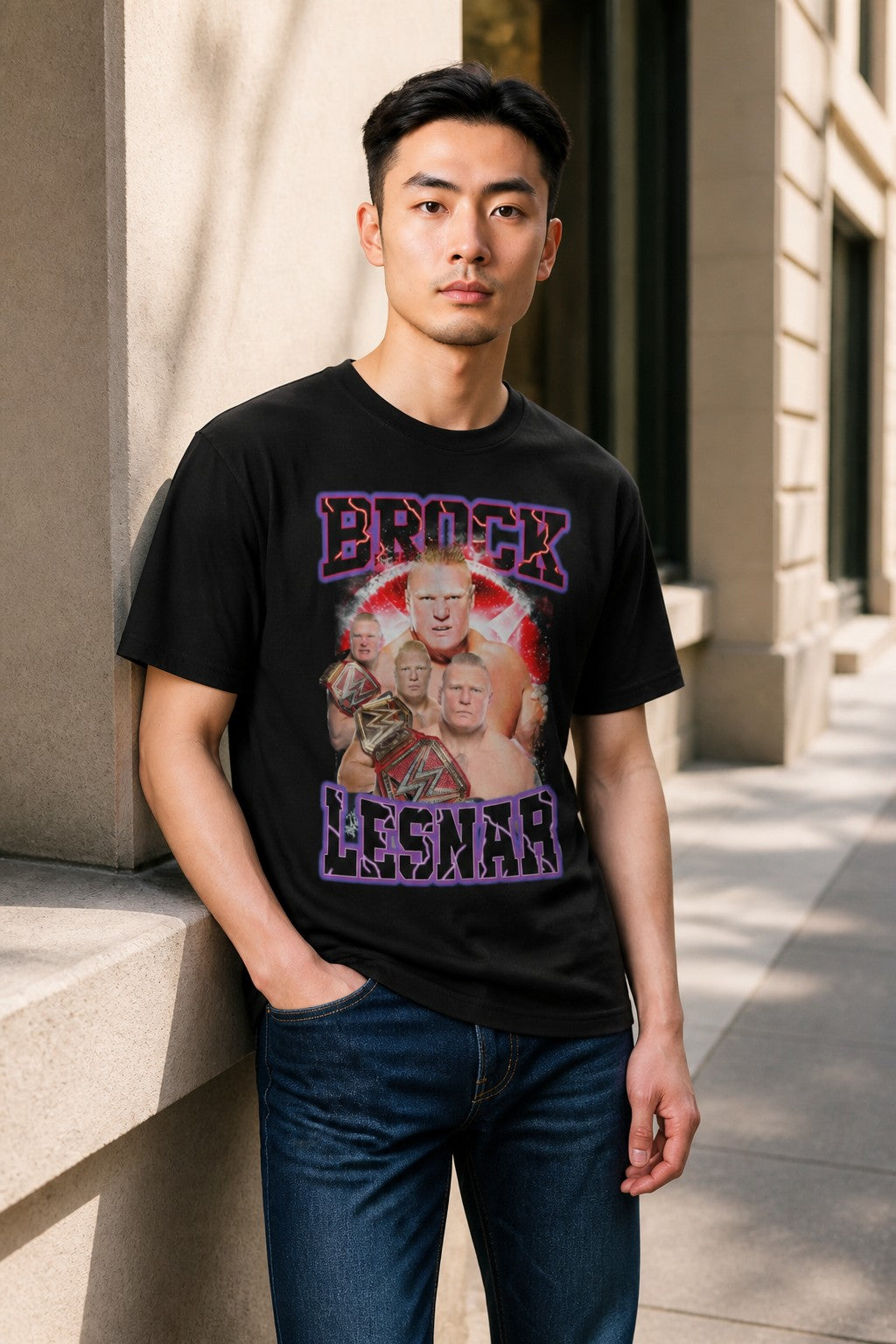 Brock Lesnar Purple Name Four Pose Mens Black T-shirt