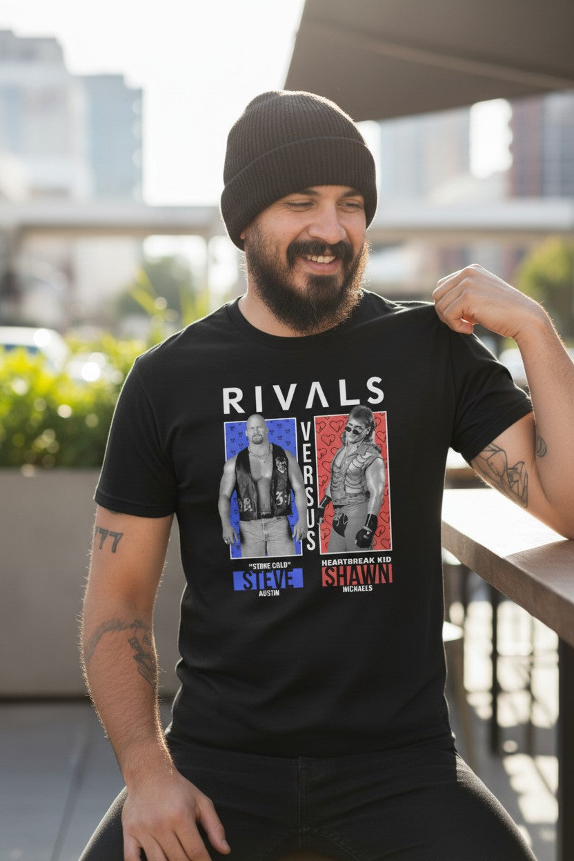 WWE Rivals Stone Cold Steve Austin vs Shawn Michaels Mens Black T-shirt