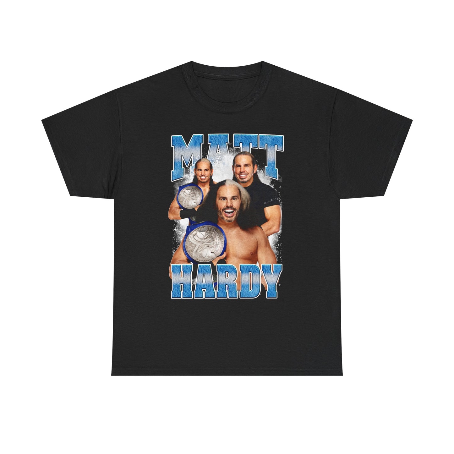 Matt Blue Logo Three Pose Black T-shirt