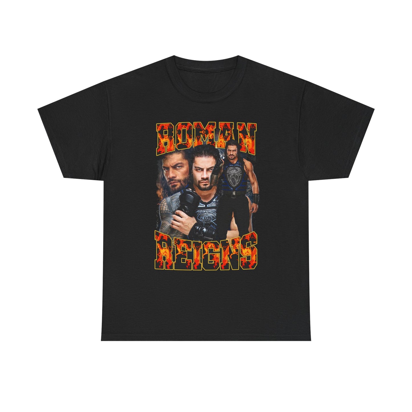 Roman Reigns Three Pose Fire Mens Black T-shirt